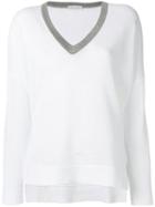 Brunello Cucinelli Contrast V-neck Jumper, Women's, Size: Large, White, Cotton/brass