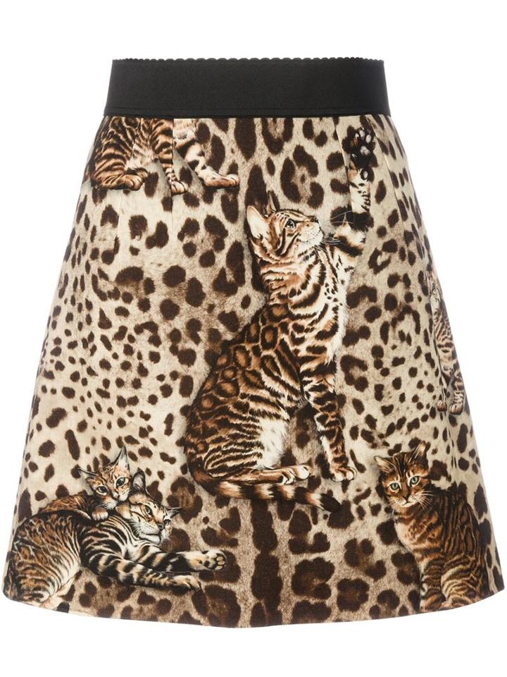 Dolce & Gabbana Cat Print Skirt, Women's, Size: 40, Nude/neutrals, Silk/spandex/elastane/wool