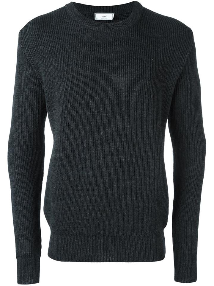 Ami Alexandre Mattiussi Crew Neck Sweater, Men's, Size: Large, Grey, Wool