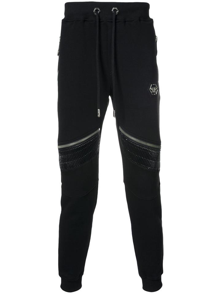 Philipp Plein - Leather Zippers Sweatpants - Men - Cotton/leather - M, Black, Cotton/leather