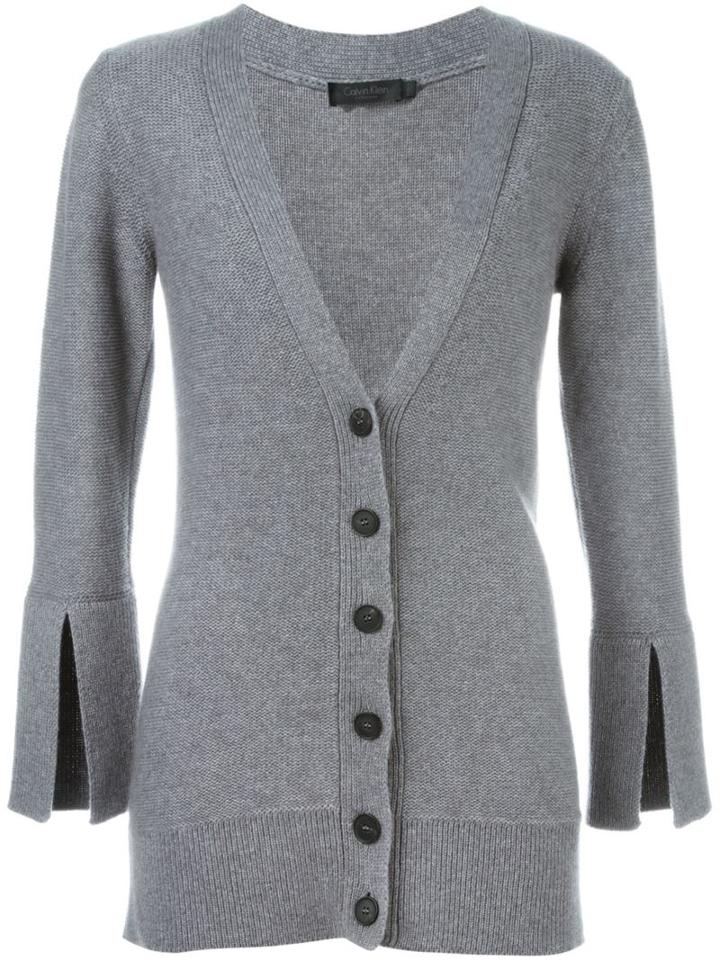 Calvin Klein Collection Buttoned V-neck Cardigan, Women's, Size: Large, Grey, Cashmere
