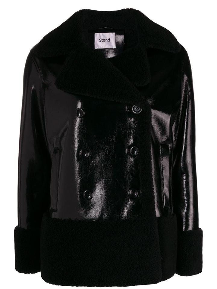 Stand Contrast Material Oversized Coat - Black
