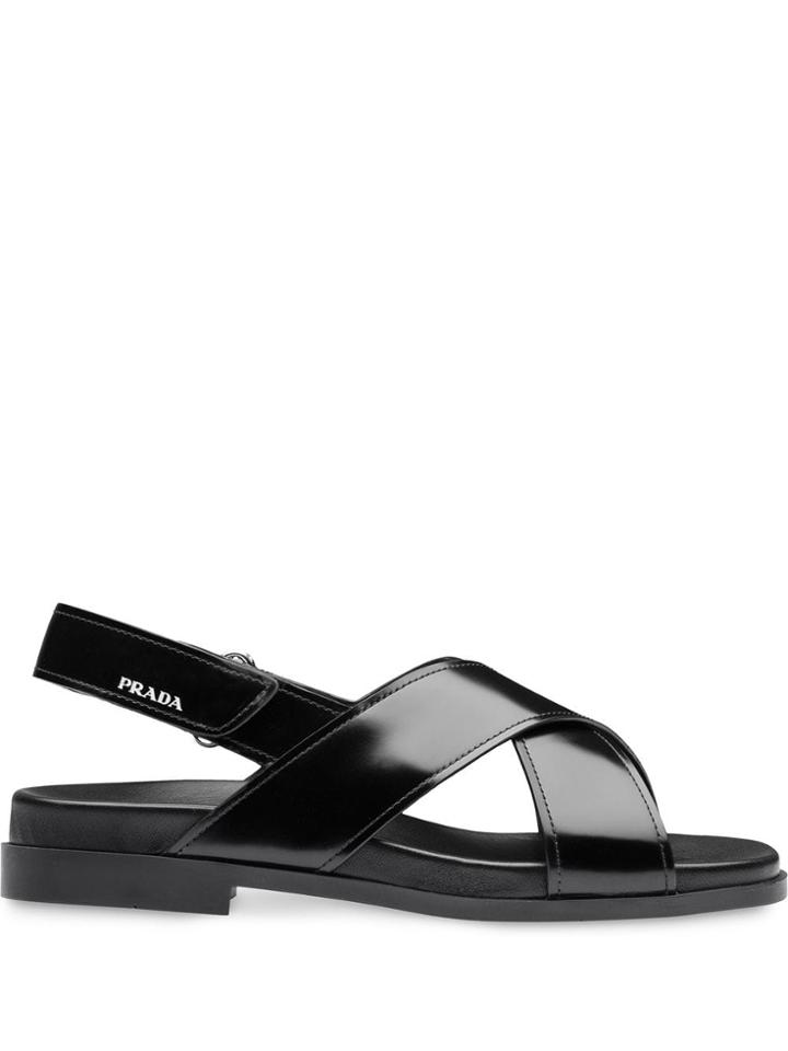 Prada Flat Brushed Leather Sandals - Black