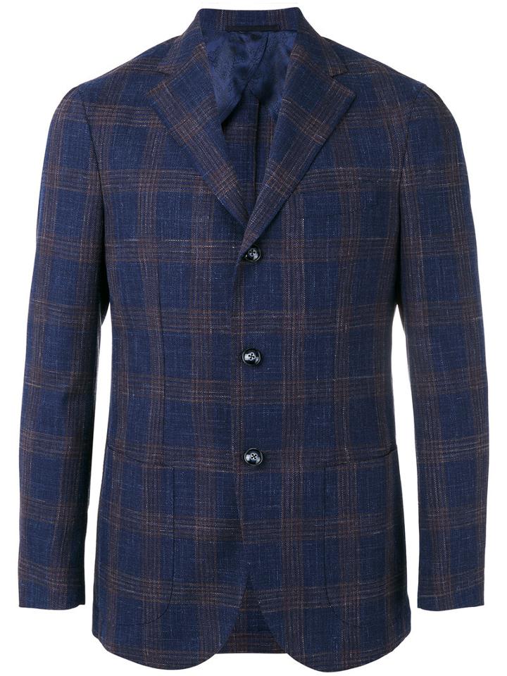 Barba Checked Blazer, Men's, Size: 50, Blue, Wool/silk/linen/flax