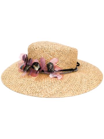 Misa Harada Floral Embellished Hat - Nude & Neutrals