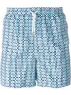 Kiton Tile Print Swim Shorts, Men's, Size: 48, Blue, Polyester
