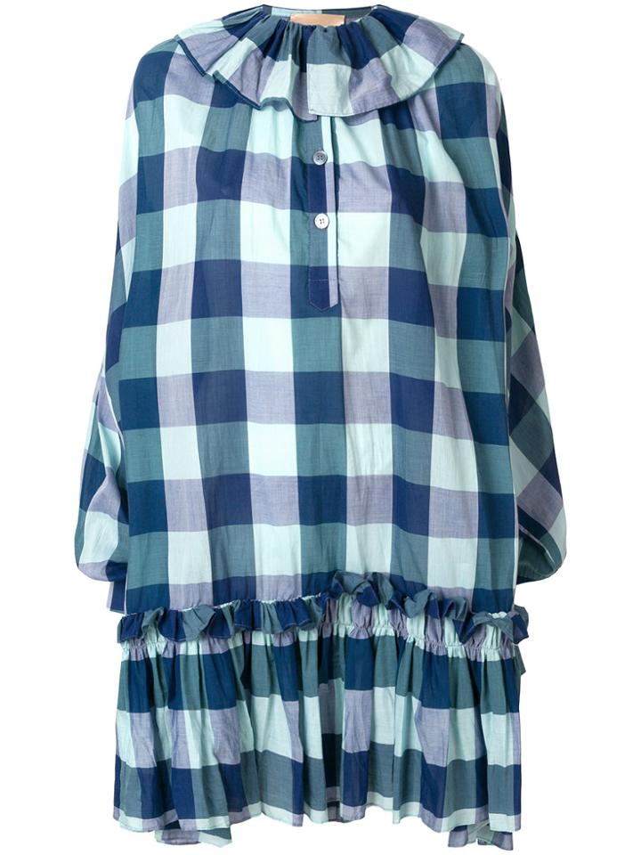 Erika Cavallini Ruffled-hem Checked Dress - Blue