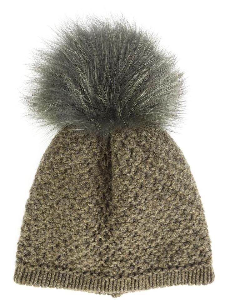 Inverni Pompom Beanie, Women's, Green, Fox Fur/cashmere