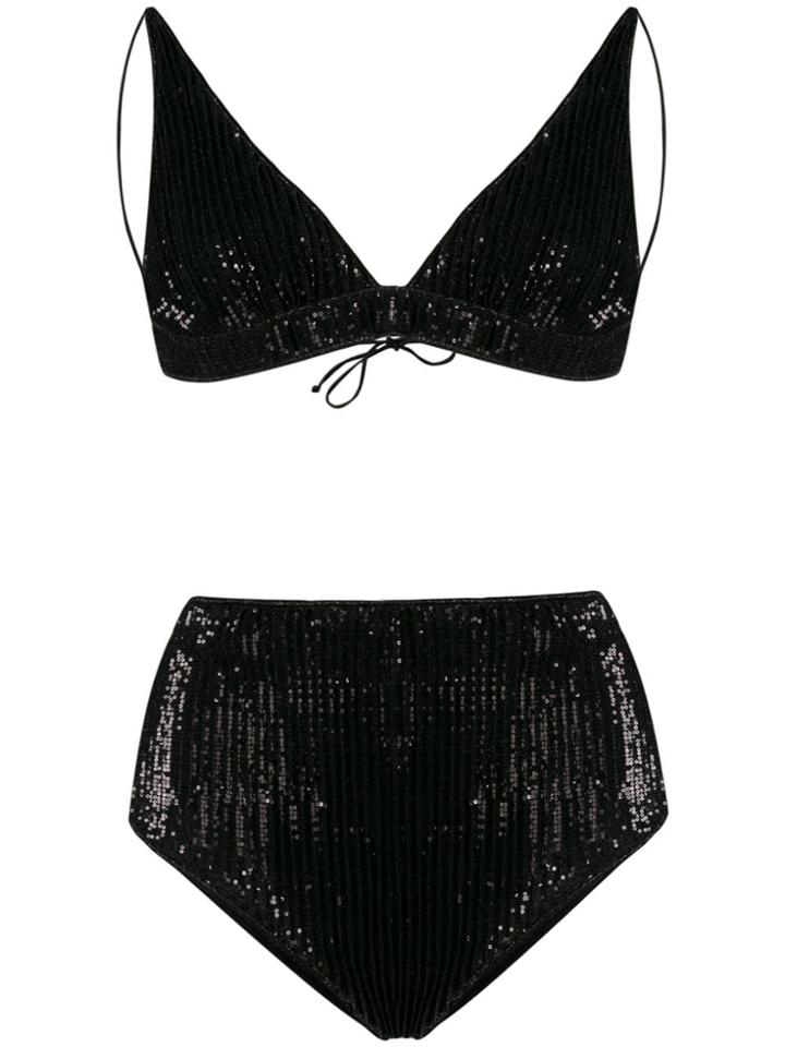 Oseree Mid-paillettes High-waisted Bikini - Black