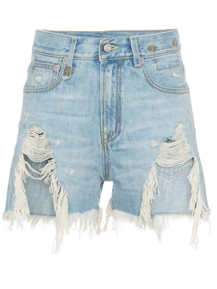 R13 Shredded Slouch Denim Shorts - Blue