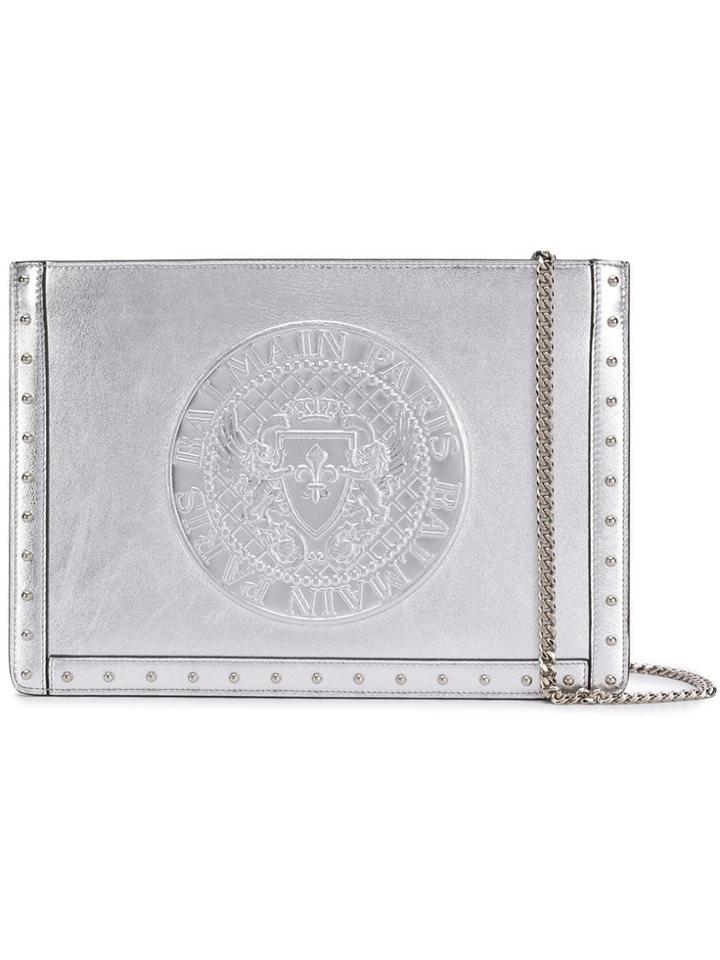 Balmain Metallic Embossed Logo Clutch - Silver