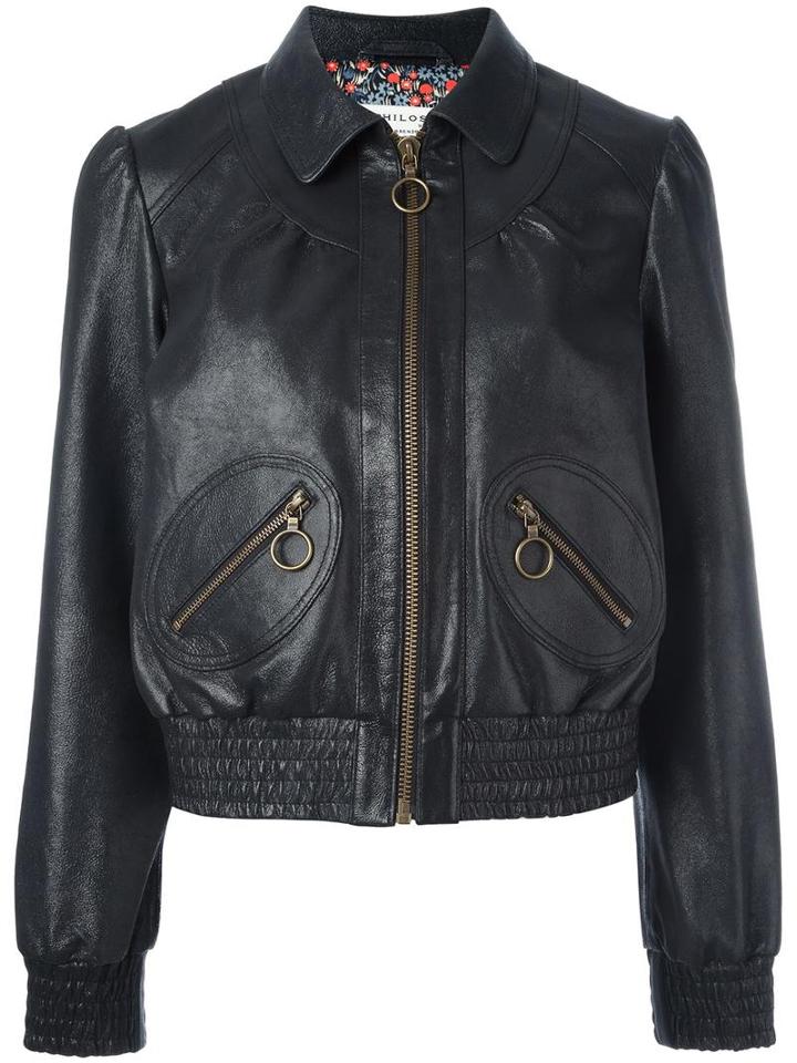 Philosophy Di Lorenzo Serafini Zip Up Cutaway Collar Jacket, Women's, Size: 44, Black, Goat Skin/polyester