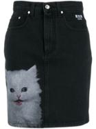 Msgm Denim Cat Print Skirt - Black