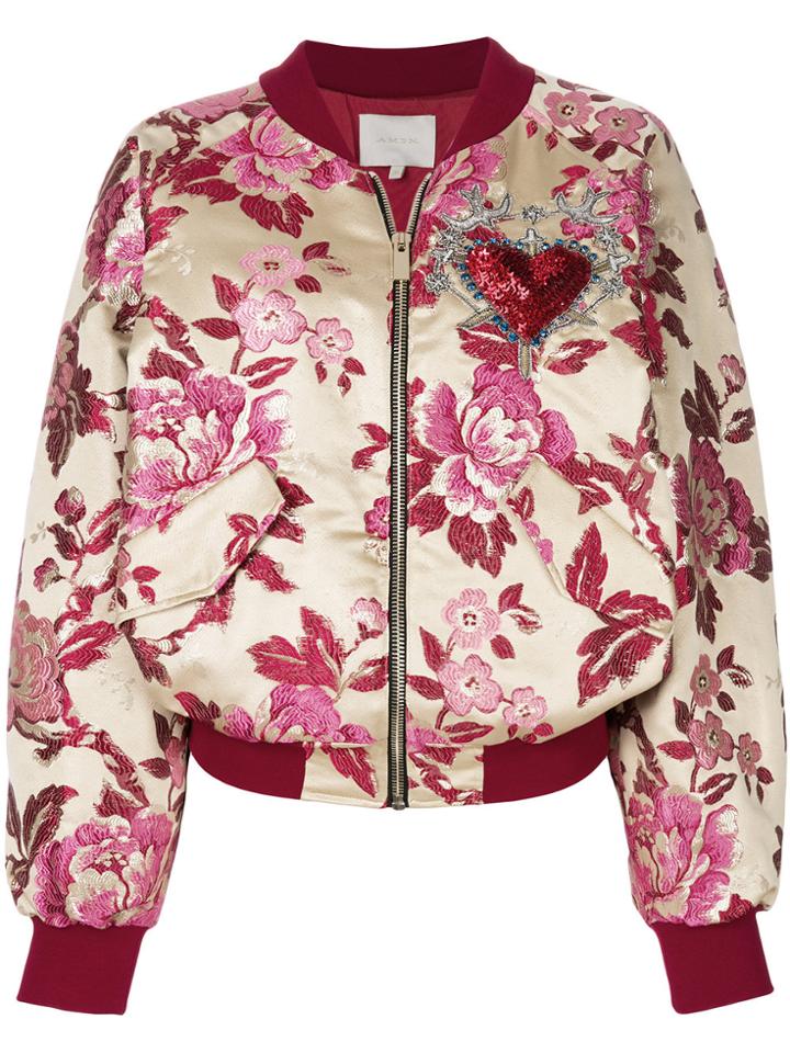 Amen Embroidered Floral Bomber Jacket - Pink & Purple