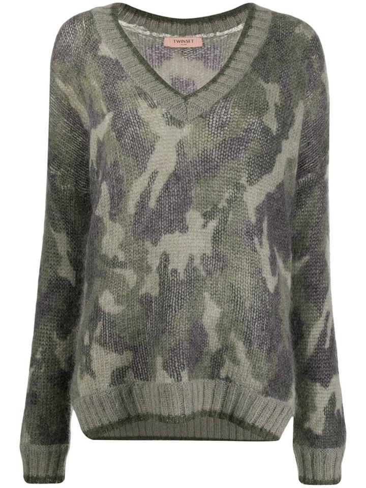 Twin-set V-neck Camouflage Knit Jumper - Grey