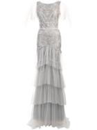 Marchesa Notte Flutter Sleeve Metallic Embroidered Gown