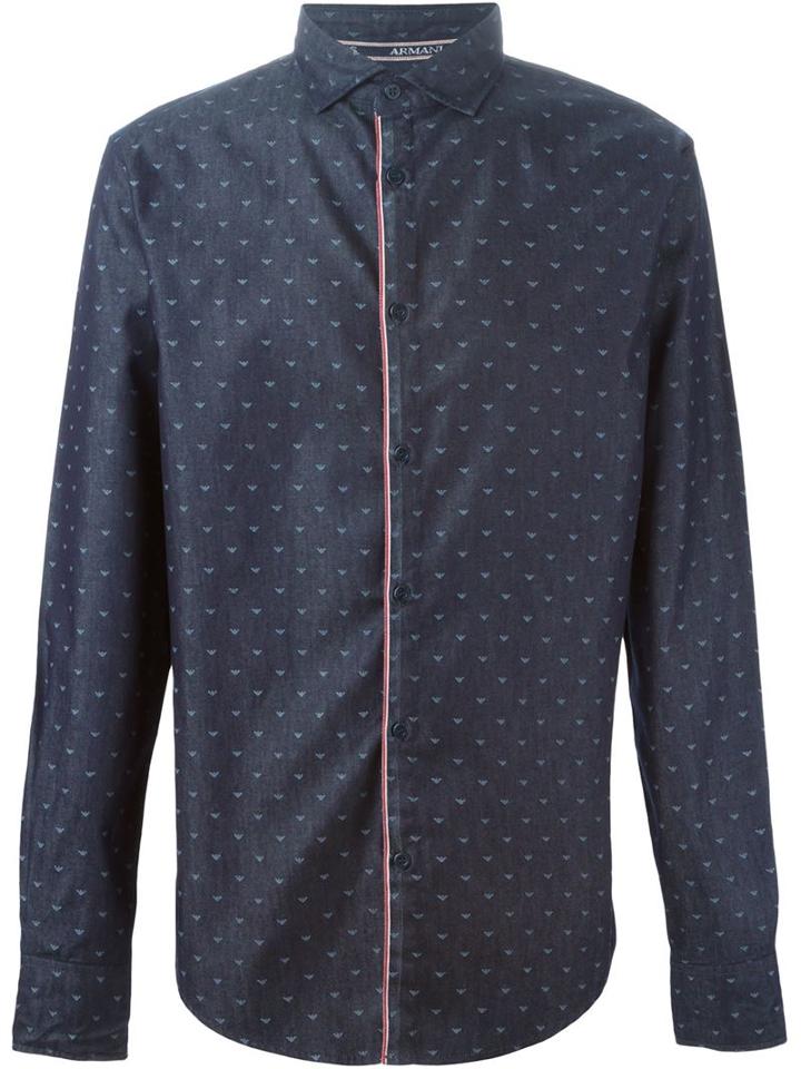 Armani Jeans Embroidered Small Logo Shirt, Men's, Size: Large, Blue, Cotton