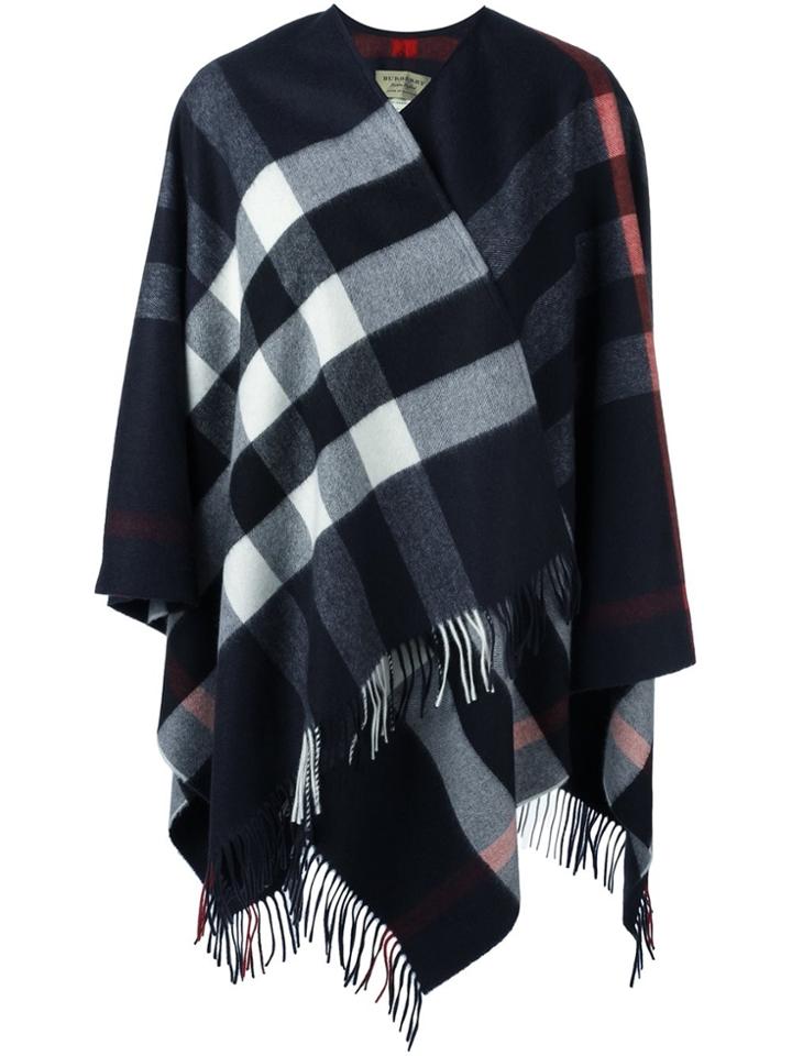 Burberry Checked Fringed Poncho - Blue