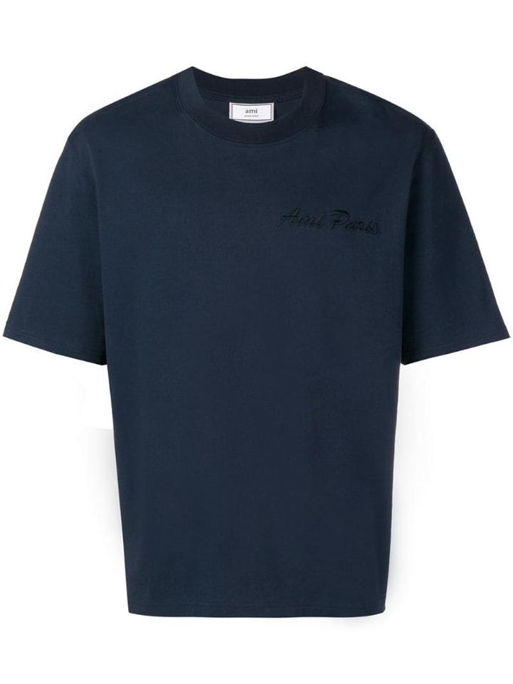 Ami Paris Crewneck Tee With Ami Paris Embroidery - Blue