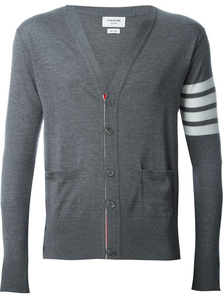 Thom Browne Striped Sleeve Cardigan, Men's, Size: 2, Grey, Wool