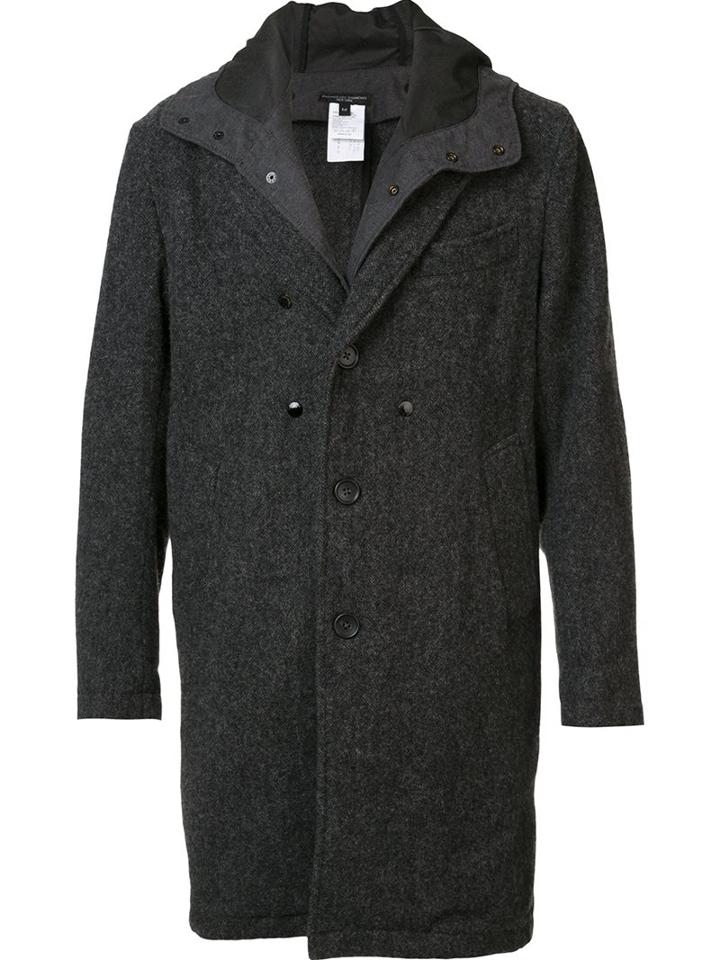Engineered Garments Layered Buttoned Hooded Coat, Men's, Size: Medium, Grey, Nylon/wool