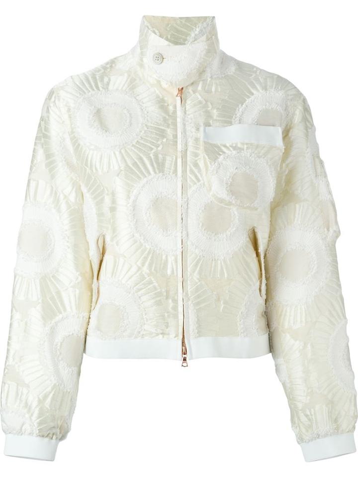 Julien David Floral Applique Zip Up Cropped Jacket, Women's, Size: Medium, White, Silk/cotton/polyester