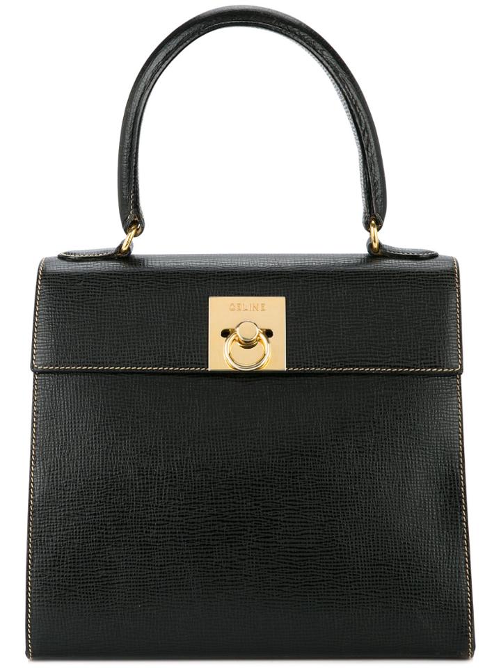 Céline Vintage Logo Plaque Structured Tote - Black