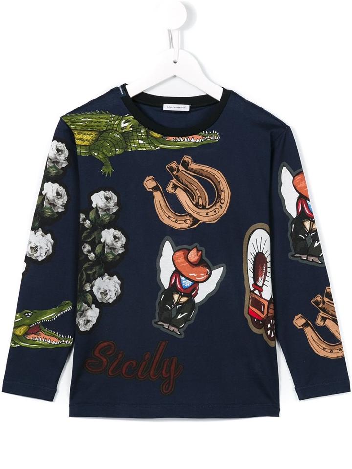 Dolce & Gabbana Kids Sicily Print Long Sleeve T-shirt, Boy's, Size: 6 Yrs, Blue