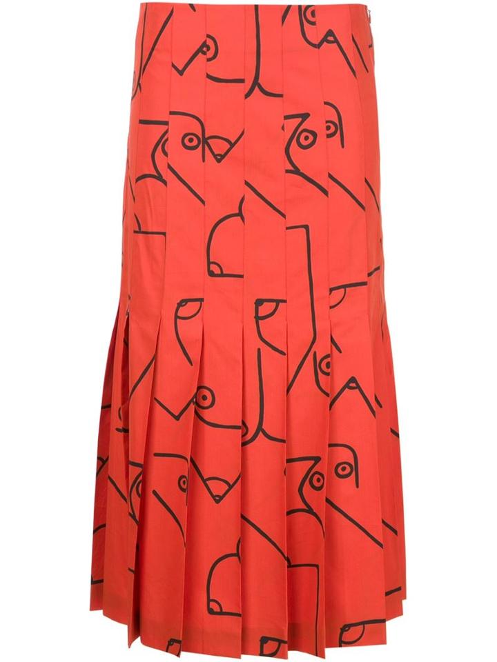 Calvin Klein Collection Printed Pleated Skirt, Women's, Size: 36, Red, Cotton/viscose