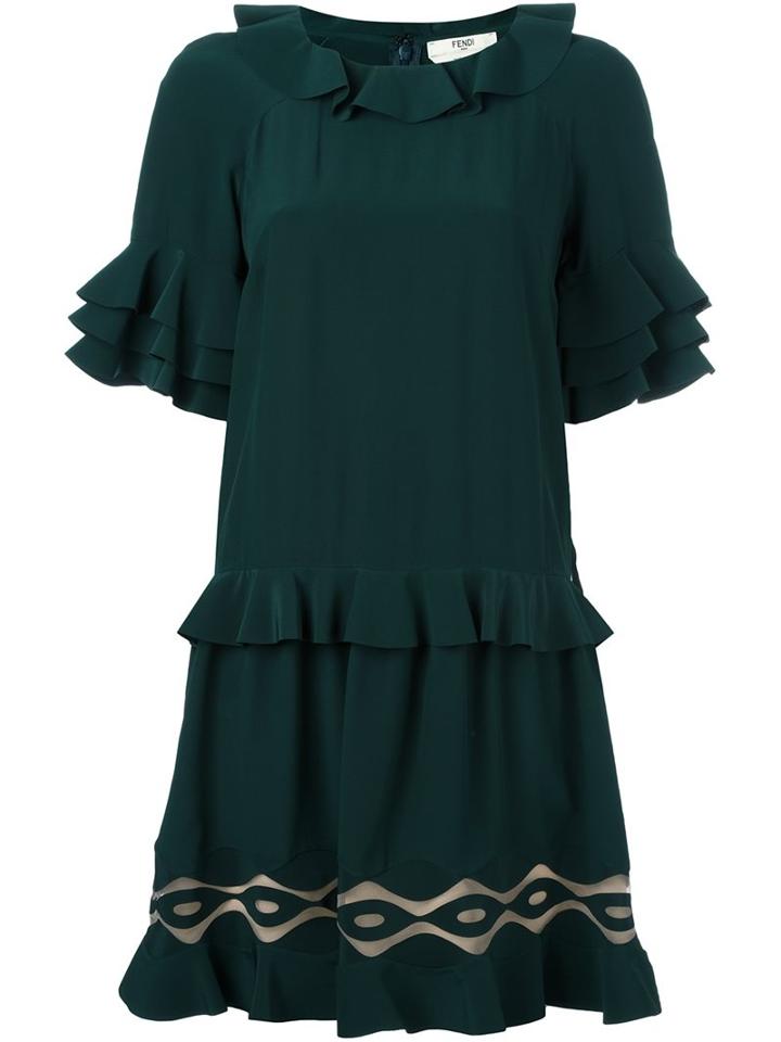 Fendi Shortsleeved Ruffle Dress, Women's, Size: 42, Green, Silk/polyamide