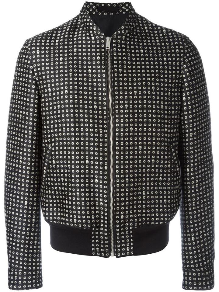 Alexander Mcqueen Floral And Micro Skull Print Bomber Jacket, Men's, Size: 50, Black, Wool/silk/nylon/viscose