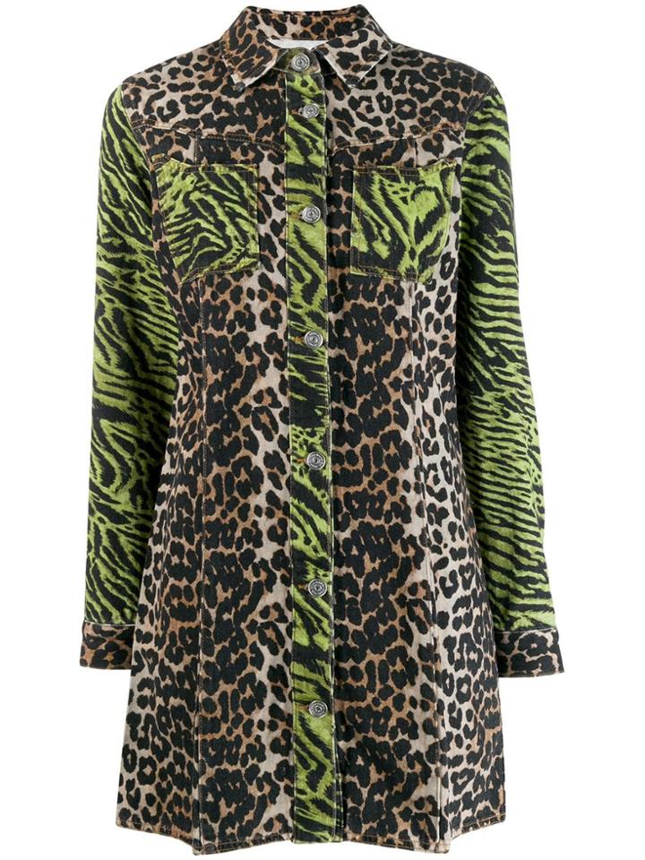 Ganni Animal Print Shirt Dress - Green