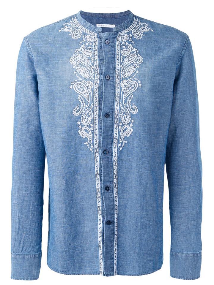 Ermanno Scervino Collarless Embroidered Panel Shirt, Men's, Size: 48, Blue, Cotton/linen/flax