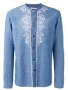 Ermanno Scervino Collarless Embroidered Panel Shirt, Men's, Size: 48, Blue, Cotton/linen/flax