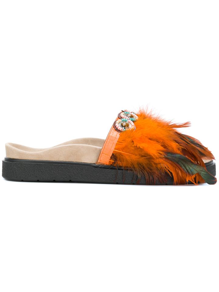 Inuiki Feather Embellished Slides - Yellow & Orange