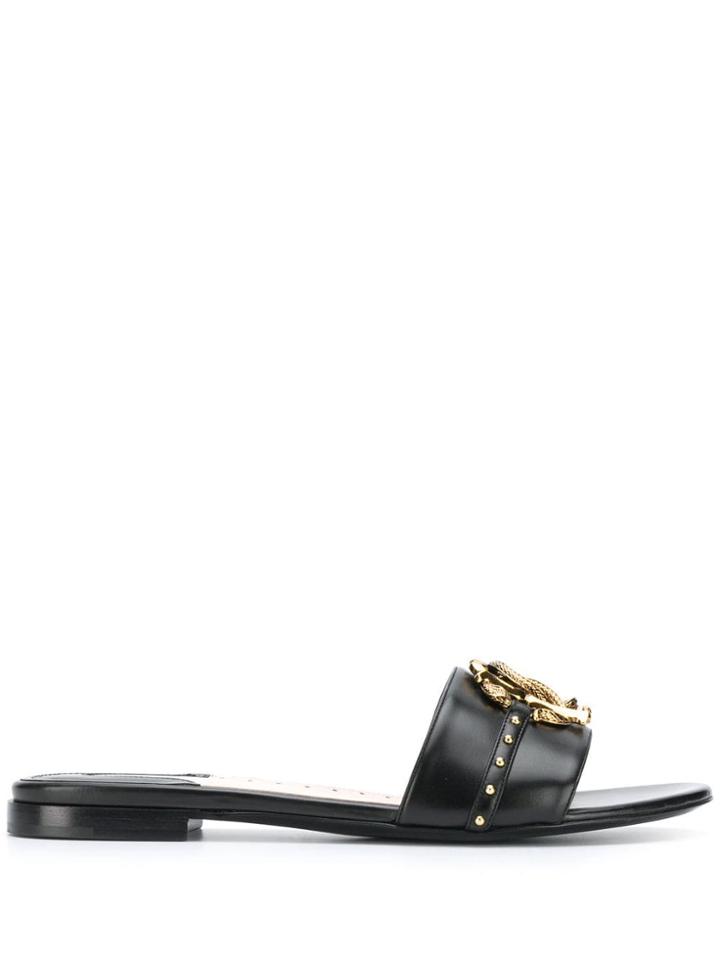 Roberto Cavalli Logo Plaque Flat Sandals - Black