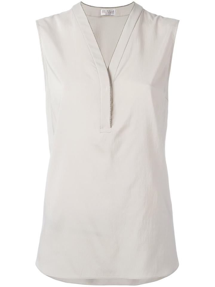 Brunello Cucinelli - Sleeveless V-neck Top - Women - Silk/spandex/elastane - L, Nude/neutrals, Silk/spandex/elastane