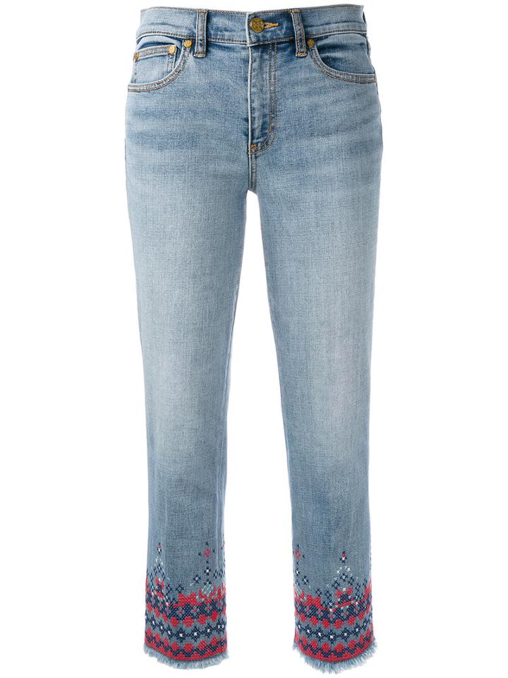 Tory Burch Embroidered Cropped Denim Jeans, Women's, Size: 28, Blue, Cotton/polyester/spandex/elastane