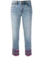 Tory Burch Embroidered Cropped Denim Jeans, Women's, Size: 28, Blue, Cotton/polyester/spandex/elastane