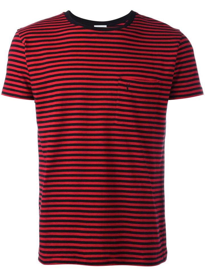 Saint Laurent Striped Logo Embroidered T-shirt, Men's, Size: Small, Red, Cotton