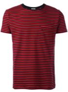 Saint Laurent Striped Logo Embroidered T-shirt, Men's, Size: Small, Red, Cotton