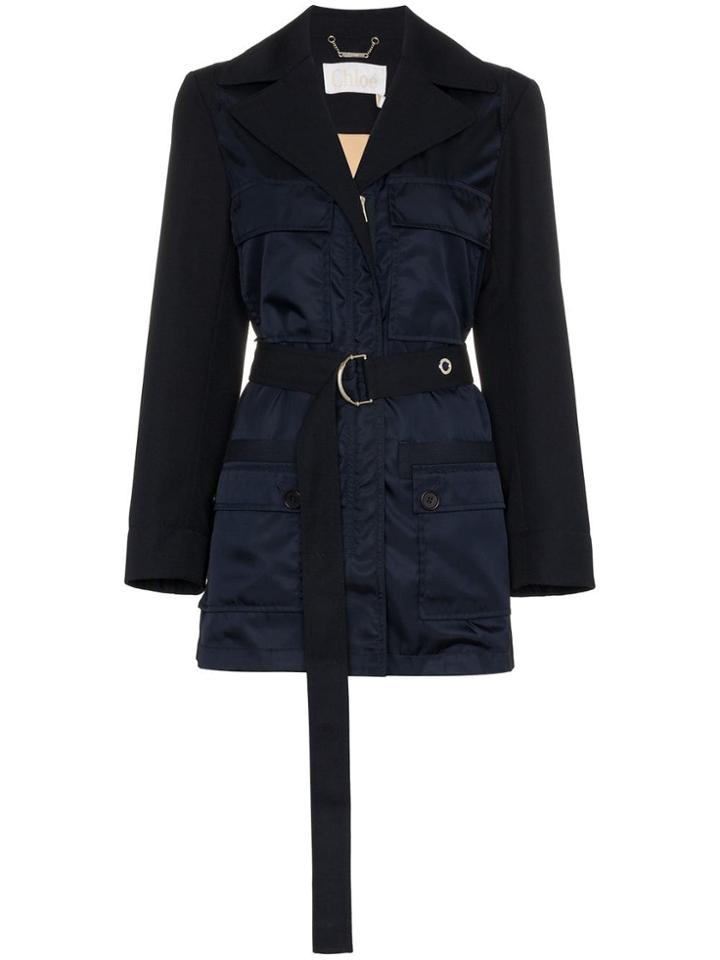 Chloé Four Pocket Belted Virgin Wool Blend Utility Jacket - Blue