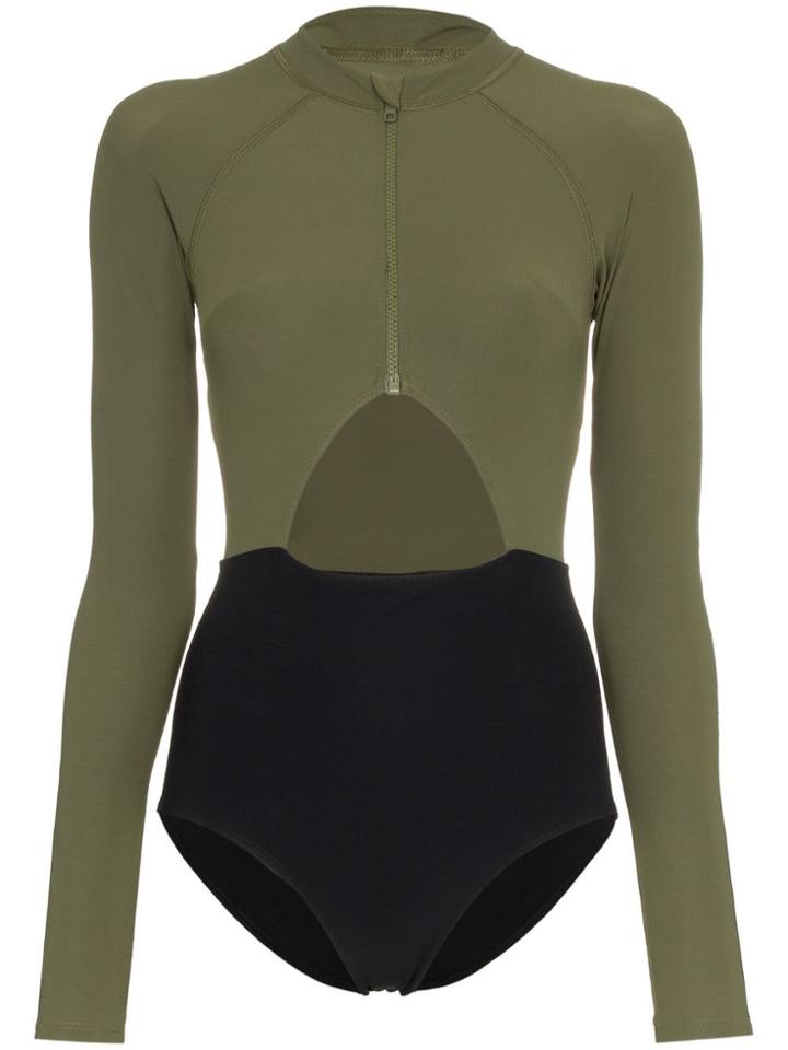 Flagpole Kelly High-neck Zip Front Long-sleeved Swimsuit - Green
