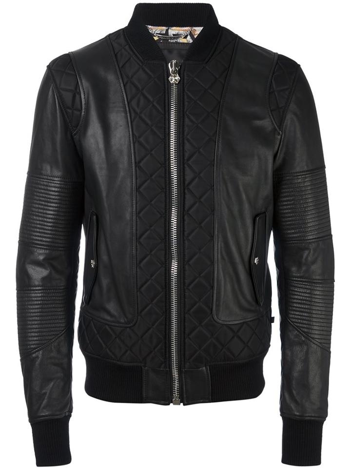 Philipp Plein Leather Bomber Jacket, Men's, Size: Large, Black, Calf Leather/polyamide/polyester/cotton