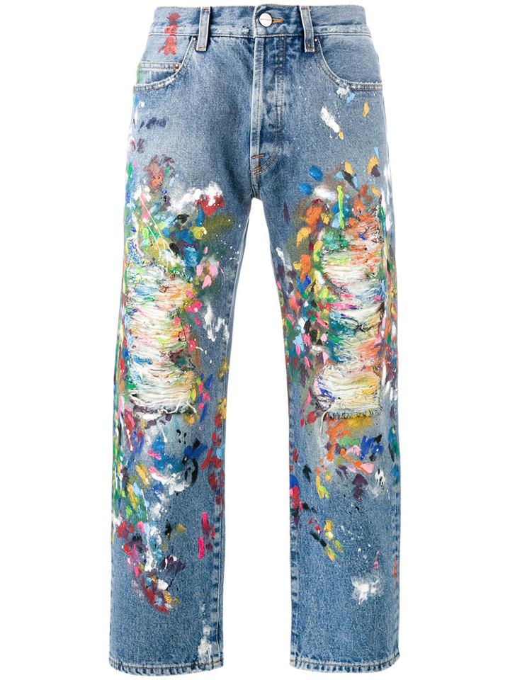 Palm Angels Distressed Painted Jeans, Men's, Size: 34, Blue, Cotton/polyester