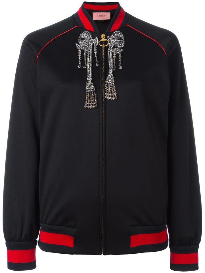 Gucci Web Embellished Bomber Jacket, Women's, Size: Small, Black, Cotton/polyester/silk/metal