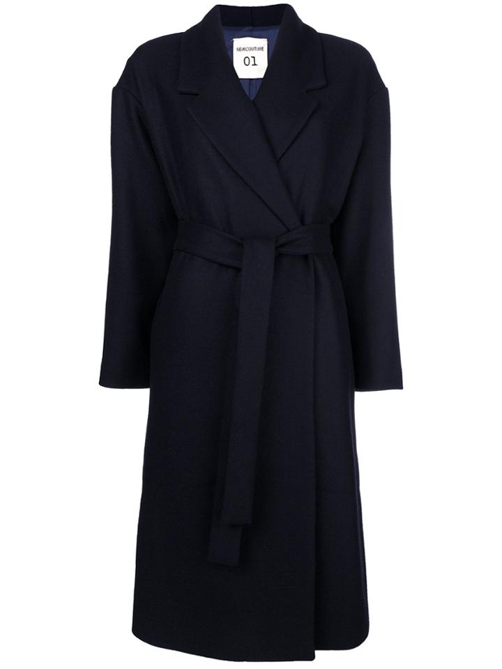 Semicouture Belted Oversize Coat - Blue