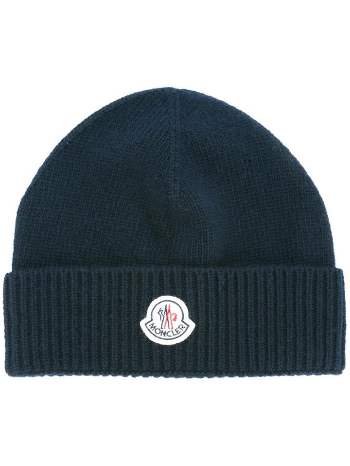 Moncler Ribbed Beanie Hat, Men's, Blue, Virgin Wool
