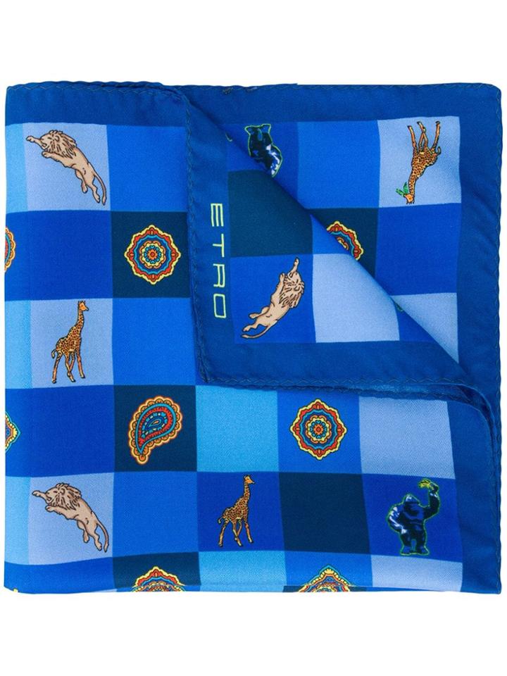 Etro Check Print Pocket Square - Blue