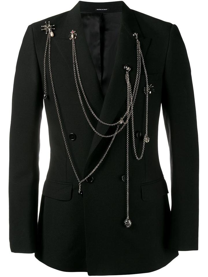 Alexander Mcqueen Chain Embellished Jacket, Men's, Size: 52, Black, Viscose/wool/metal